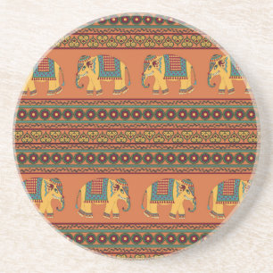 Indian Elephants, Orange Traditional Seamless. Coaster