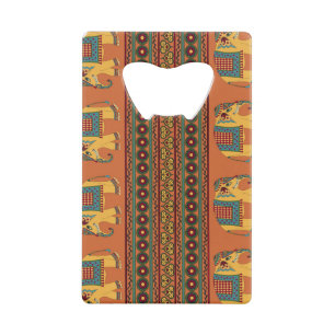 Indian Elephants, Orange Traditional Seamless. Credit Card Bottle Opener