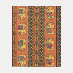 Indian Elephants, Orange Traditional Seamless. Fleece Blanket
