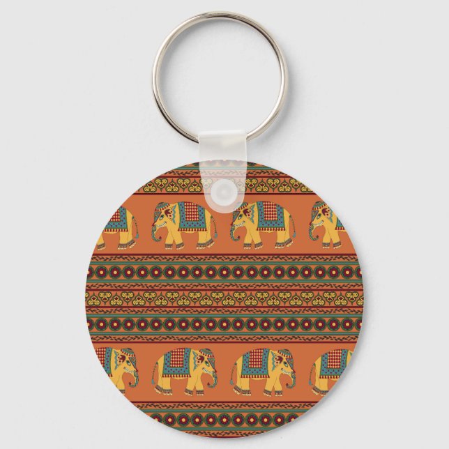 Indian Elephants, Orange Traditional Seamless. Keychain (Front)