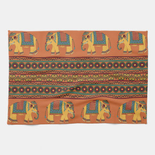 Indian Elephants, Orange Traditional Seamless. Kitchen Towel