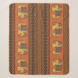 Indian Elephants, Orange Traditional Seamless. Sherpa Blanket