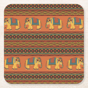Indian Elephants, Orange Traditional Seamless. Square Paper Coaster