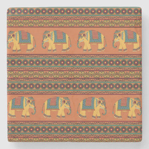 Indian Elephants, Orange Traditional Seamless. Stone Coaster