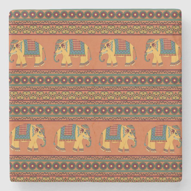 Indian Elephants, Orange Traditional Seamless. Stone Coaster (Front)