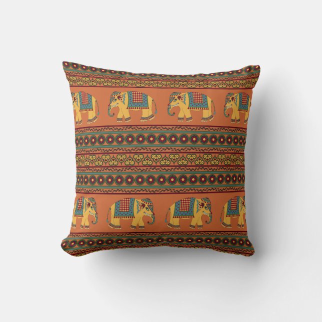 Indian Elephants, Orange Traditional Seamless. Throw Pillow (Front)