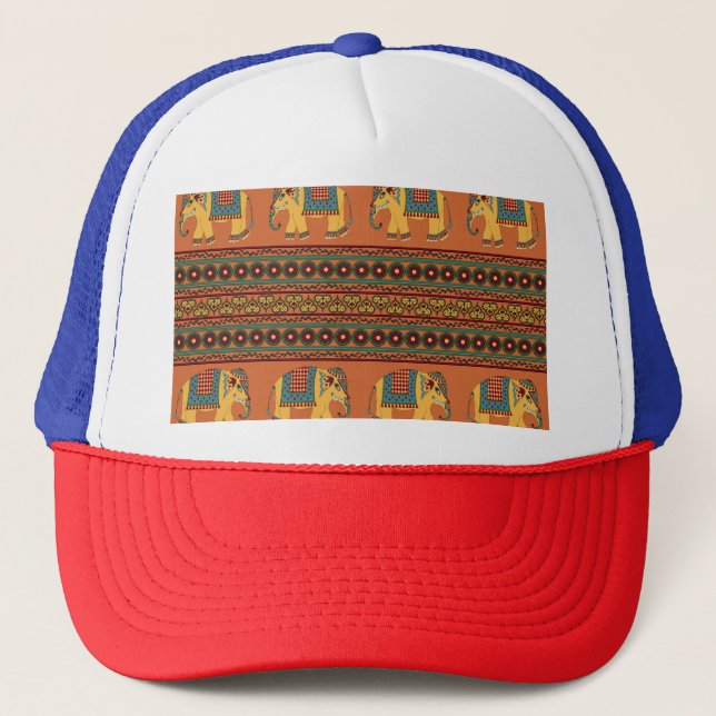 Indian Elephants, Orange Traditional Seamless. Trucker Hat (Front)