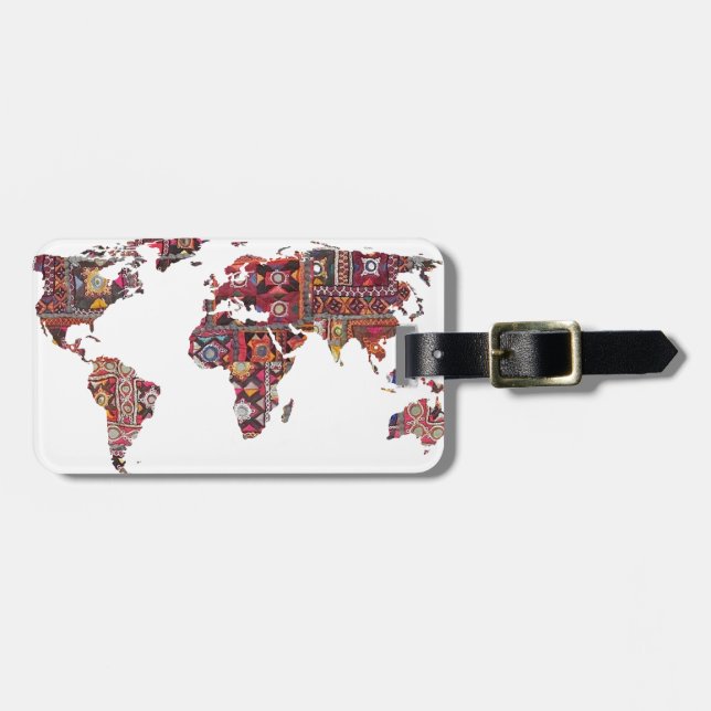 Indian Fabric Map Earth Patchwork Luggage Tag (Front Horizontal)