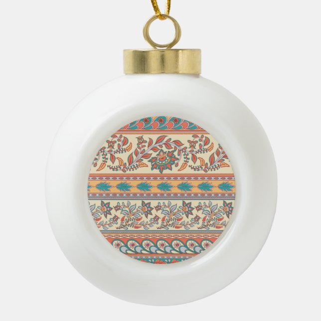 Indian Floral Borders Seamless Pattern Ceramic Ball Christmas Ornament (Front)