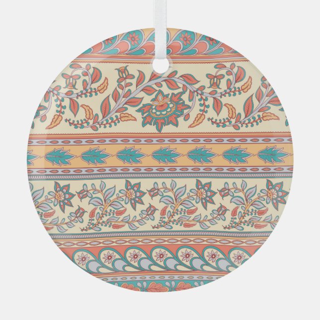 Indian Floral Borders Seamless Pattern Glass Ornament (Front)