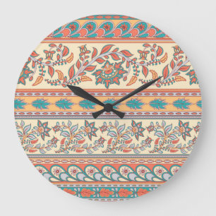 Indian Floral Borders Seamless Pattern Large Clock