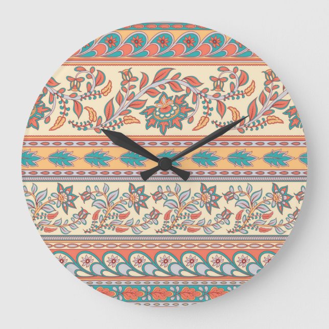 Indian Floral Borders Seamless Pattern Large Clock (Front)