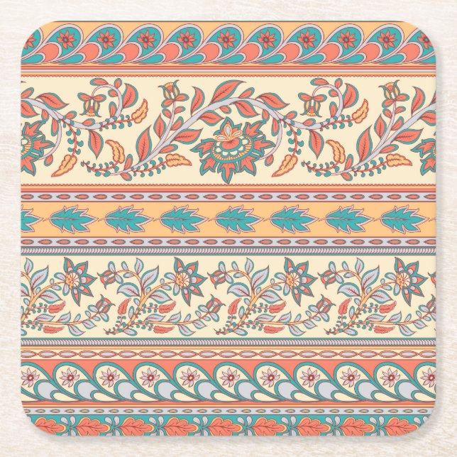 Indian Floral Borders Seamless Pattern Square Paper Coaster (Front)