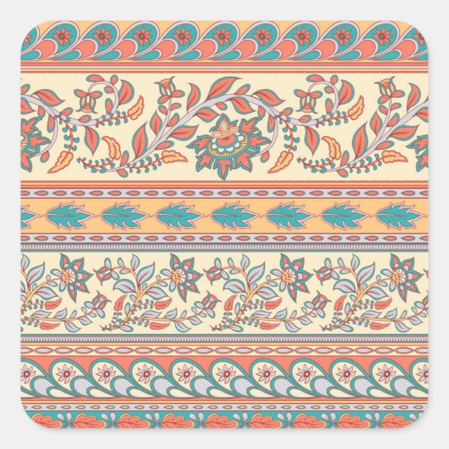 Indian Floral Borders Seamless Pattern Square Sticker (Front)