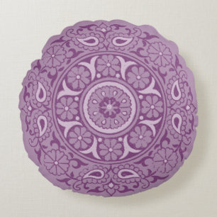 Indian Floral Motif - Lavender and Purple Round Pillow