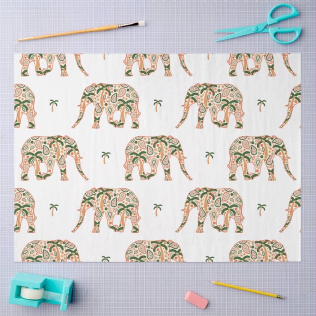 Indian Floral Paisley Ornate Elephants Tissue Paper (Craft)