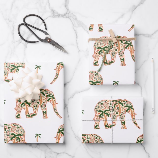 Indian Floral Paisley Ornate Elephants Wrapping Paper Sheet (Front)