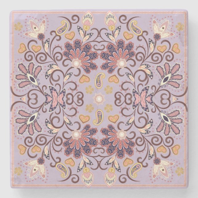Indian floral tablecloth: lovely pastel pattern stone coaster (Front)