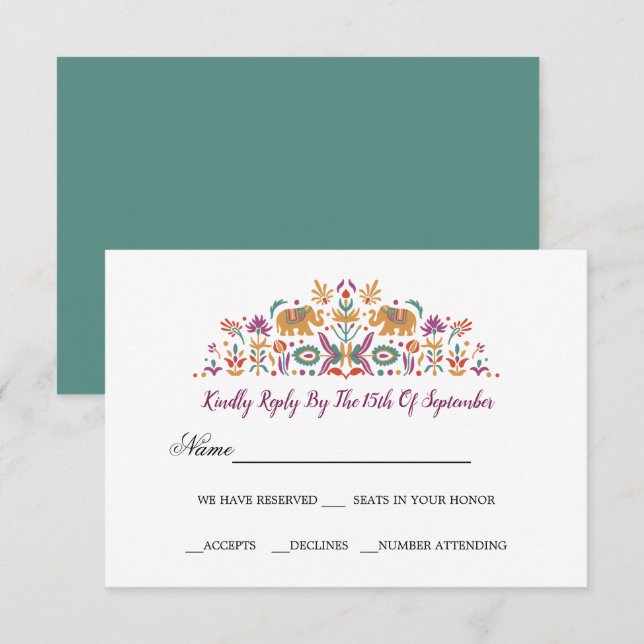 Indian Flower Elephant Jade green RSVP wedding V2 Invitation (Front/Back)