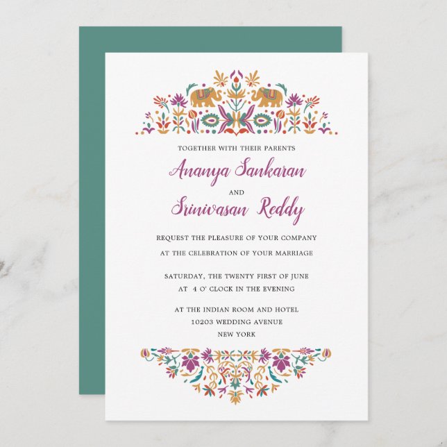 Indian Flower Elephant Jade green Wedding Invitation (Front/Back)