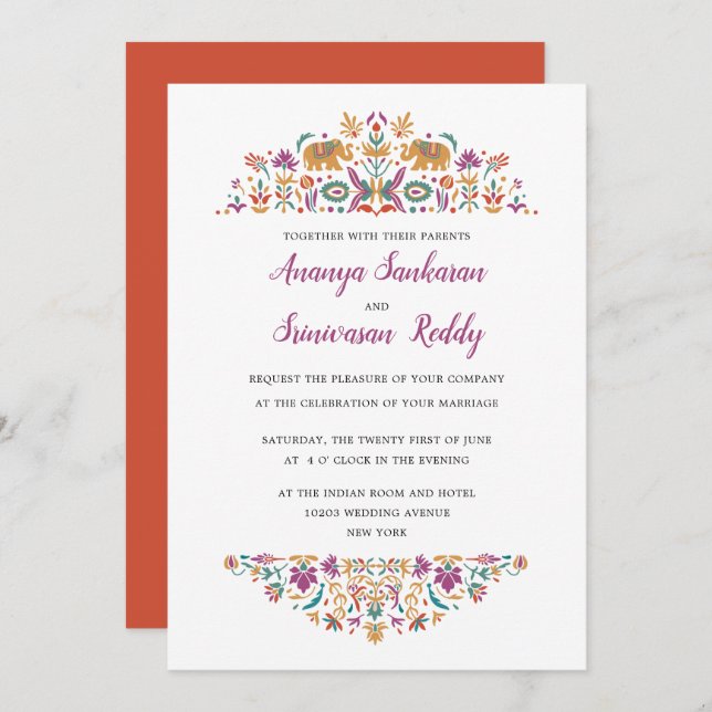 Indian Flower Elephant Orange Wedding Invitation (Front/Back)