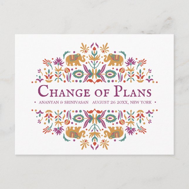 Indian Flower  Elephant Wedding CHANGE OF PLANS Announcement Postcard (Front)