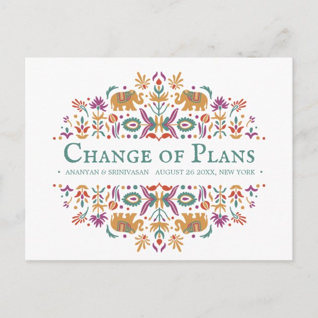 Indian Flower  Elephant Wedding CHANGE OF PLANS Announcement Postcard (Front)