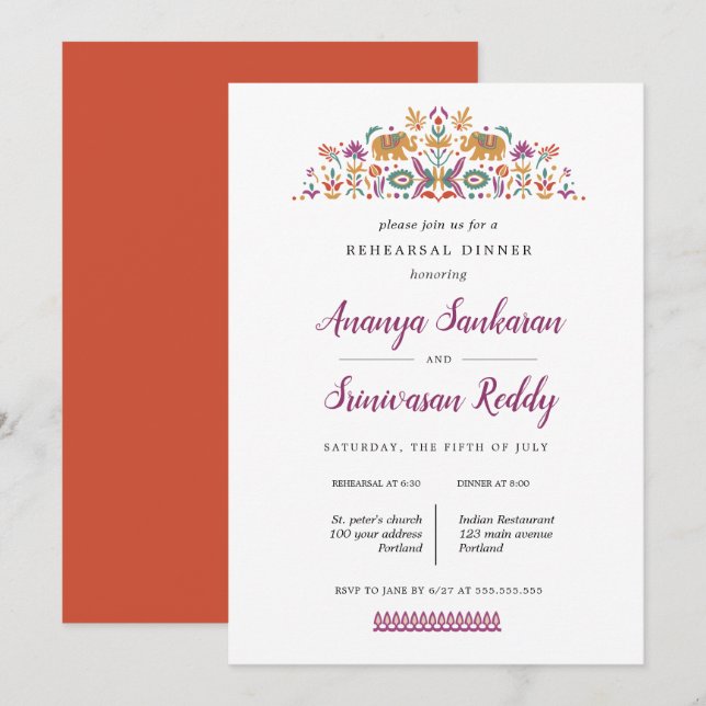 Indian Flower Elephant wedding  Rehearsal Dinner Invitation (Front/Back)