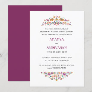 Indian Flower Purple Elephant Formal Wedding Invitation