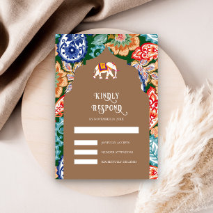 Indian Folk Art Elephant Beige Wedding RSVP Card