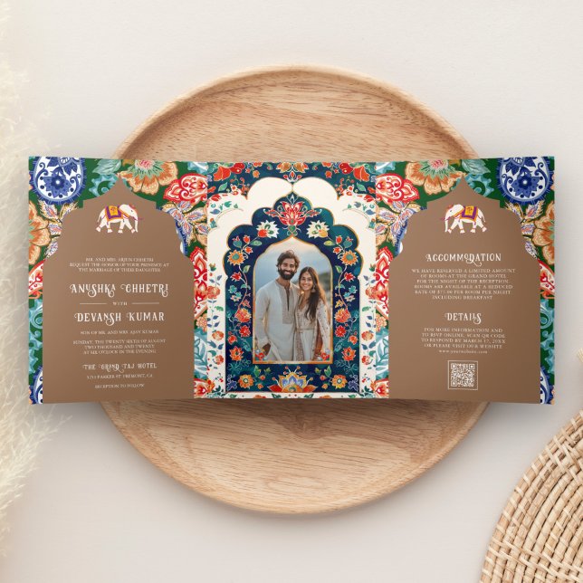 Indian Folk Art Elephant Beige Wedding Tri-Fold Invitation (Creator Uploaded)