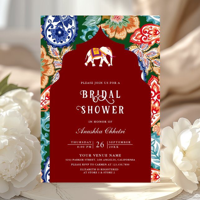 Indian Folk Art Elephant Dark Red Bridal Shower Invitation (Creator Uploaded)