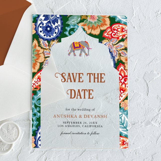 Indian Folk Art Elephant Wedding Save the Date Acrylic Invitations (Creator Uploaded)