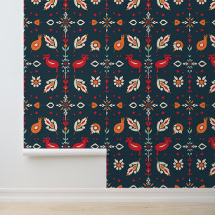 Indian Folk Art Floral and Bird Pattern Wallpaper