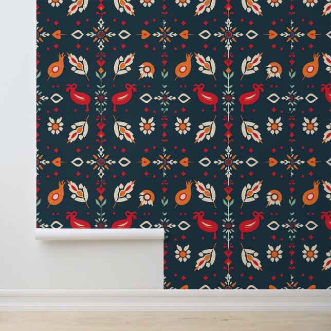 Indian Folk Art Floral and Bird Pattern Wallpaper (Application)