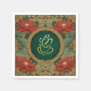 Indian Ganesh Green Gold Traditional Lotus Wedding Napkin
