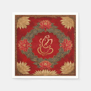 Indian Ganesh Red Gold Traditional Lotus Wedding Napkin