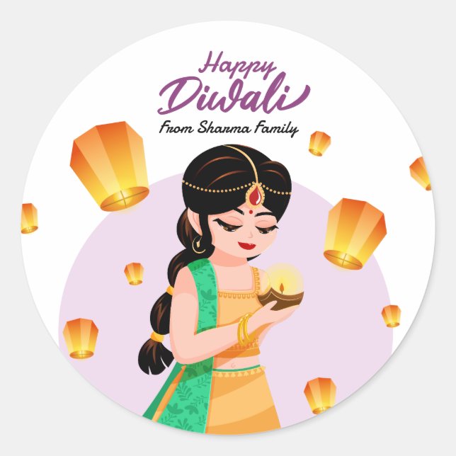 Indian Girl with Floating Lanterns Happy Diwali Classic Round Sticker (Front)