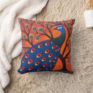 Indian Gond Art Peacock   Art of India Throw Pillow