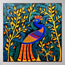 Indian Gond Art Peacock Black | Art of India