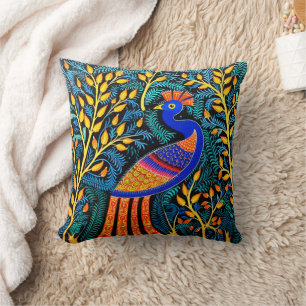 Indian Gond Art Peacock Black   Art of India Throw Pillow