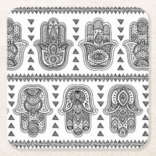 Indian Hand Drawn Hamsa Doodle Square Paper Coaster