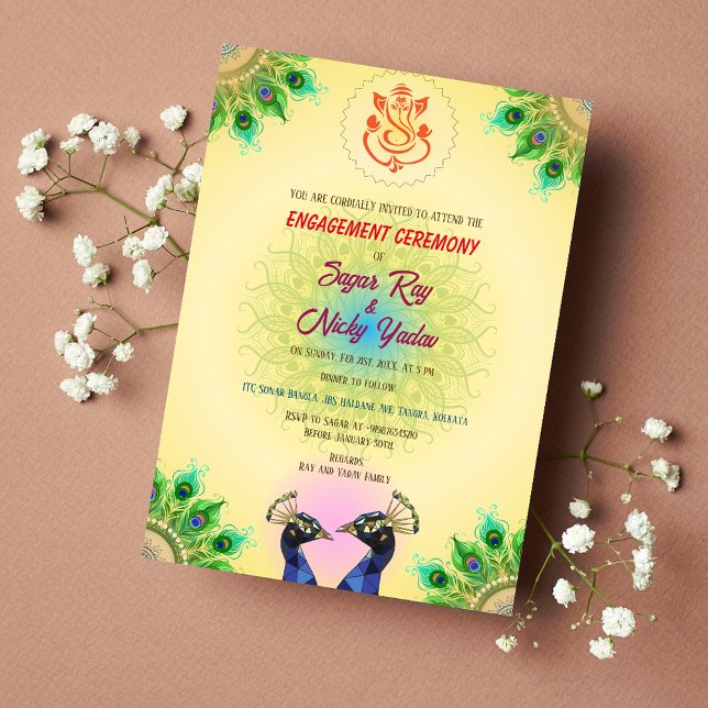 Indian Hindu Engagement Ceremony Peacock Couple Invitation (Creator Uploaded)
