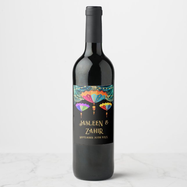 Indian Hindu Parasol lights Wedding Menu Wine Label (Front)