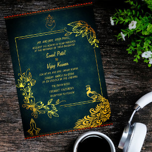Indian Hindu Wedding Couple Image Golden Peacock Invitation