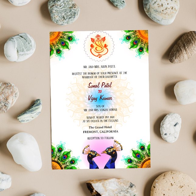 Indian Hindu Wedding Ganesha Peacock Pair White Invitation (Creator Uploaded)
