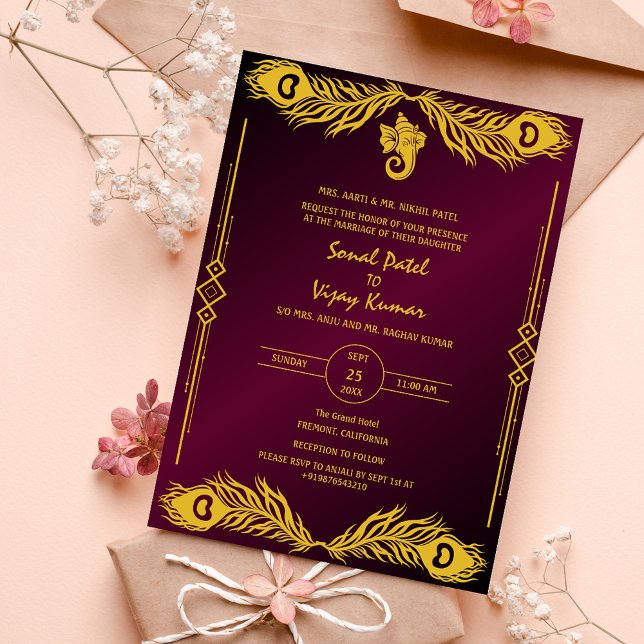 Indian Hindu Wedding Golden Elements Ganesha Logo Invitation (Creator Uploaded)