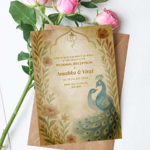 Indian Hindu Wedding Reception Peacock Floral Invitation