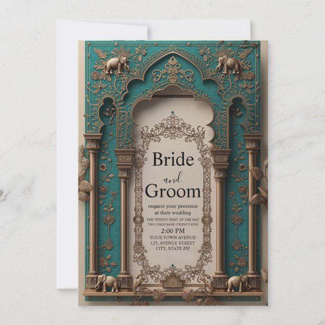  Indian inspired frame teal and golden Invitation (Front)