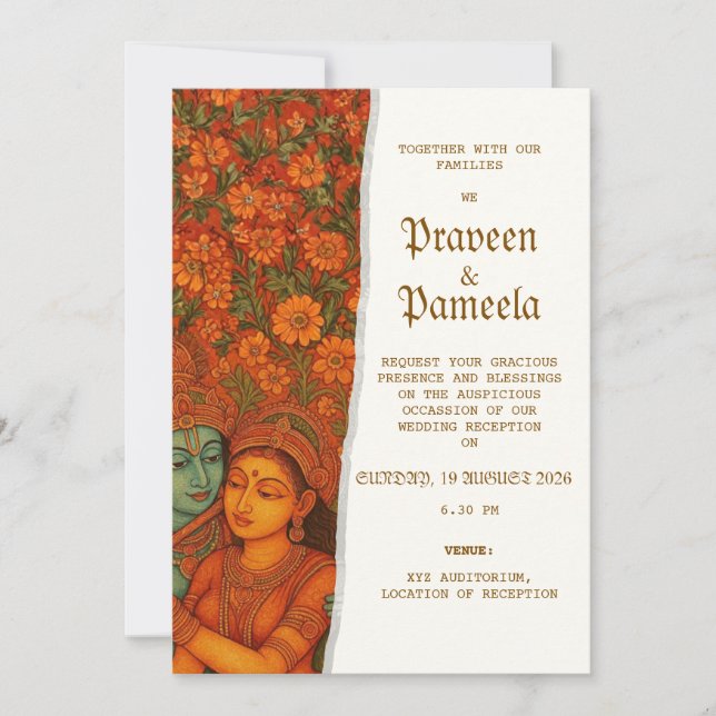 Indian invitation with Radhakrishna Mural painting (Front)